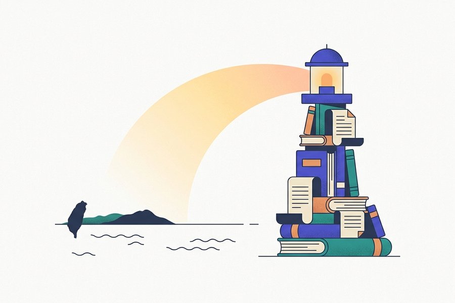 Illustration of a writer at a desk with a laptop showing a split markdown editor, framed by the outline of the island of Taiwan