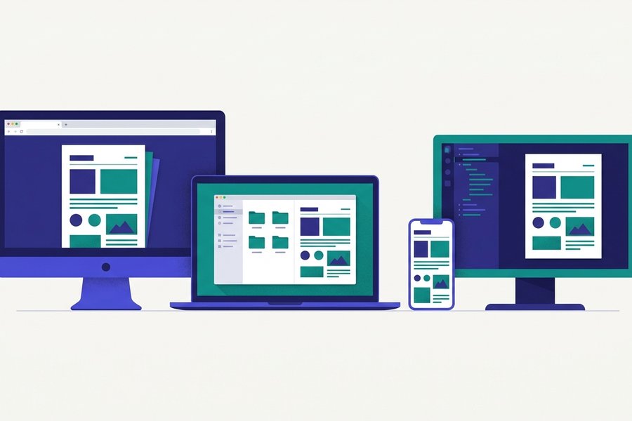 Illustration comparing a browser window showing a live Markdown preview with a desktop folder full of saved .md files