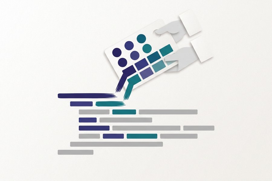 Illustration of a grey block of code gaining colour as a language label is attached to it