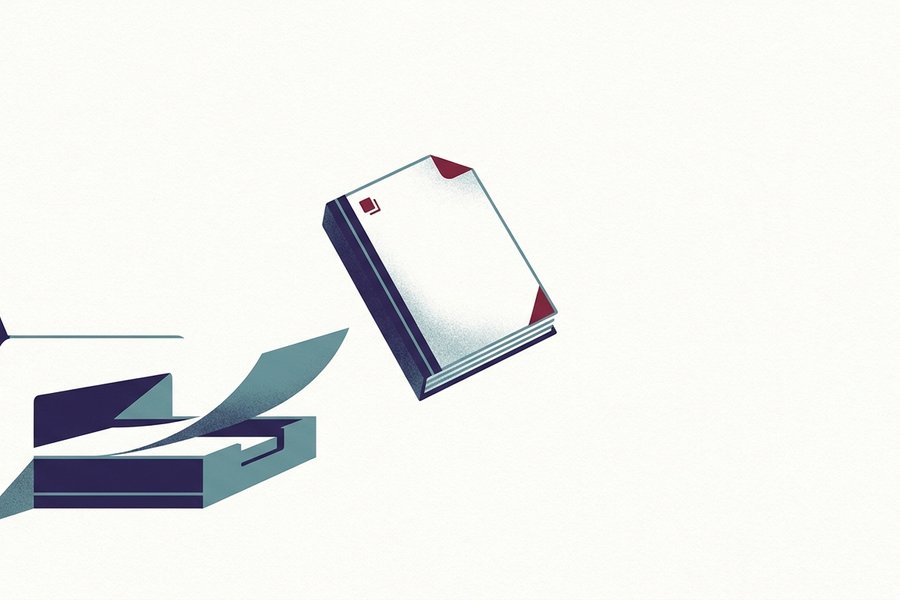 Illustration of a Markdown preview pane flowing through a browser print dialog and out as a paginated PDF document