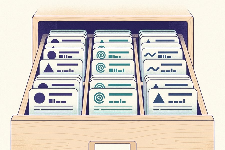 Illustration of Markdown symbols paired with their names on index cards, laid out like a glossary on a desk