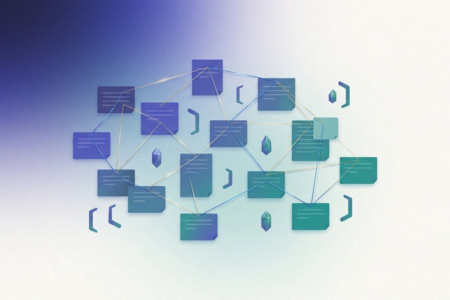 Illustration of an open folder containing plain text note files linked to each other by lines, sitting on a local hard drive