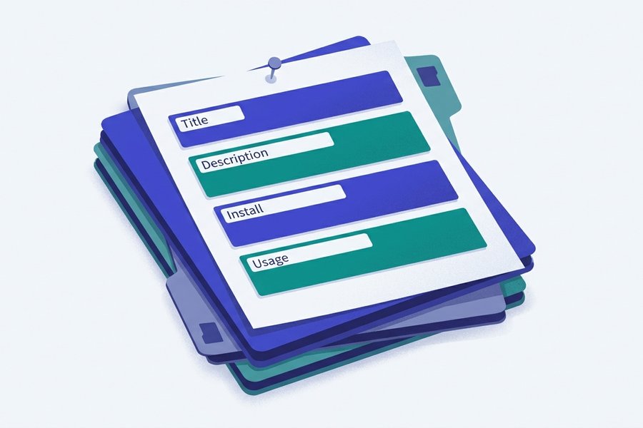 Illustration of a blank README file filling in section by section, from project title down to the license line