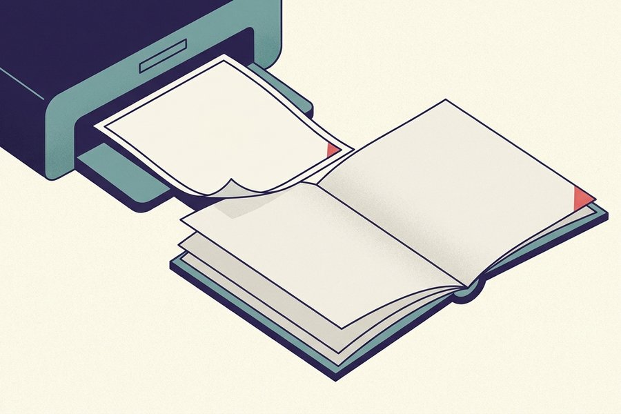 Illustration of a Markdown document flowing through a browser print dialog and emerging as a paginated PDF file