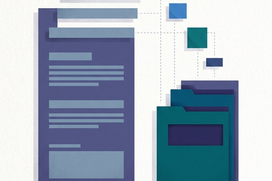 Illustration of a long Markdown document whose headings condense into an indented list of linked entries