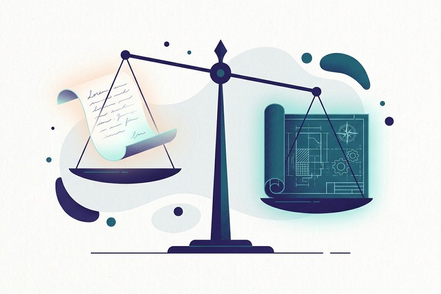 Illustration of a plain-text markdown document flowing through a funnel and coming out as structured HTML tags