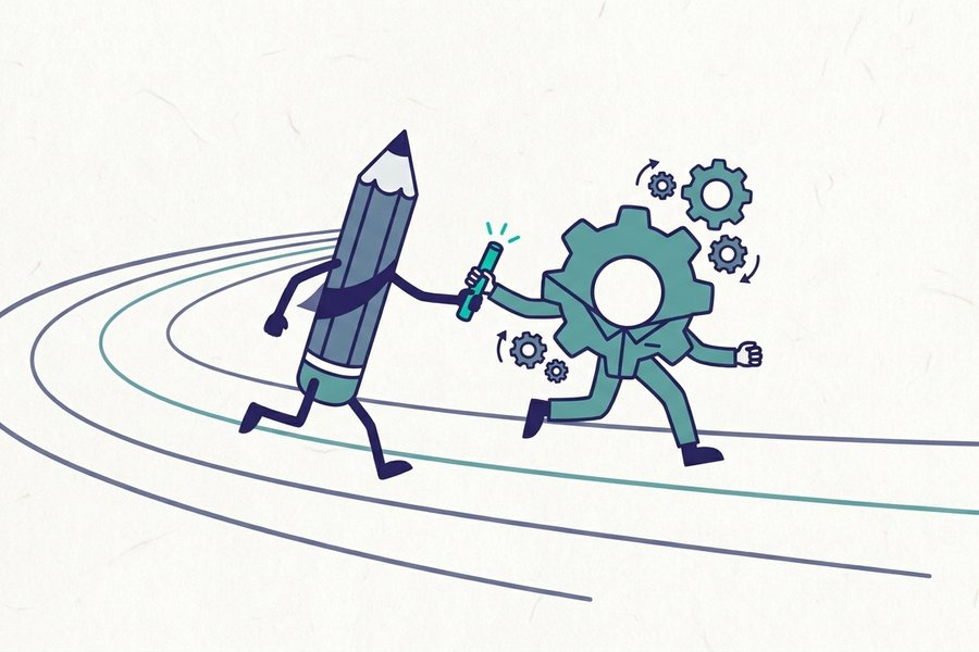 Illustration of a balance scale weighing a simple text note against an elaborate web page layout
